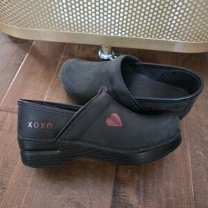Dansko Black Clogs with Red Heart & XOXO Design